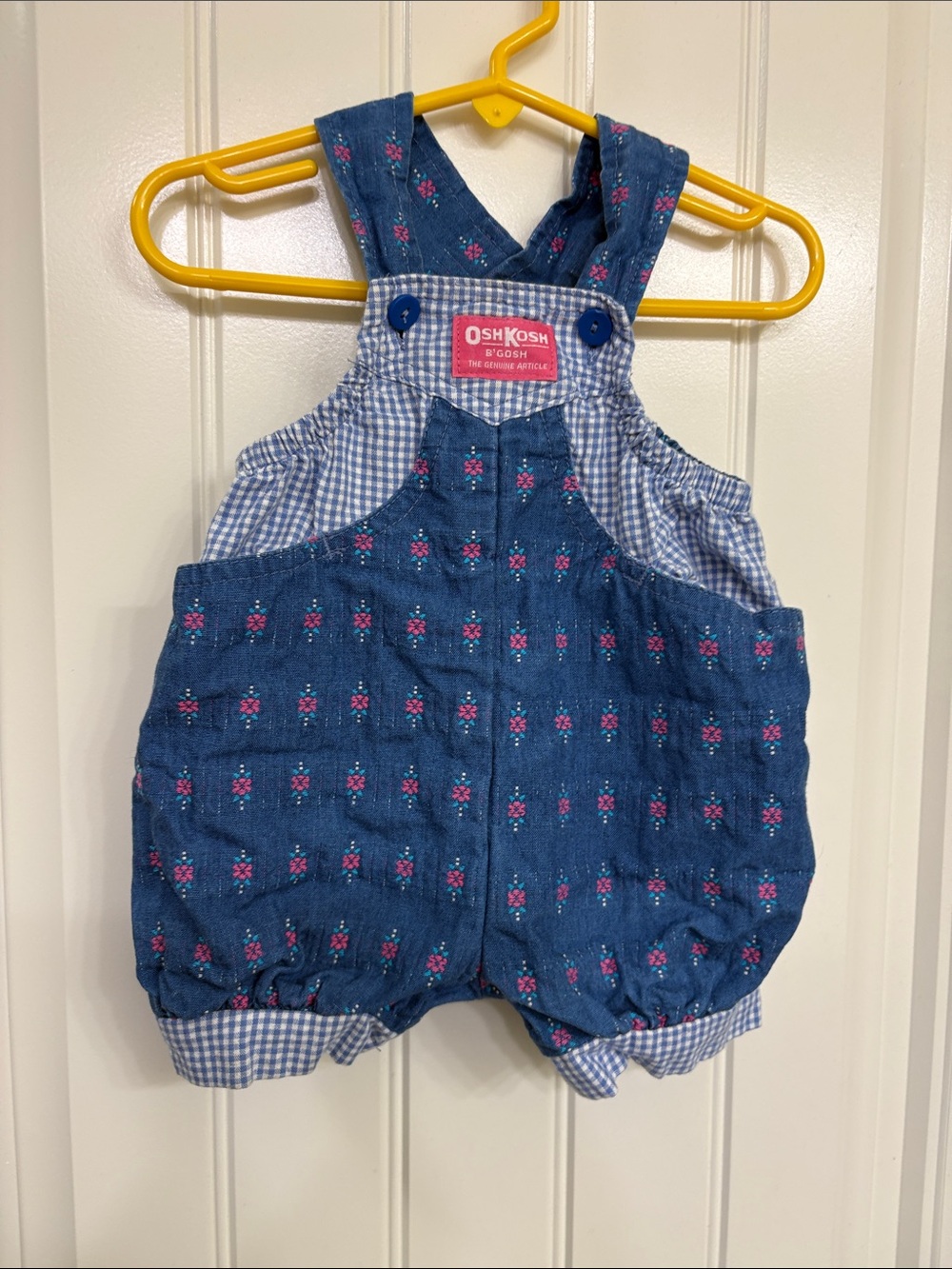 Vintage OshKosh B'gosh Denim-Style Blue Floral Gingham Bubble Romper